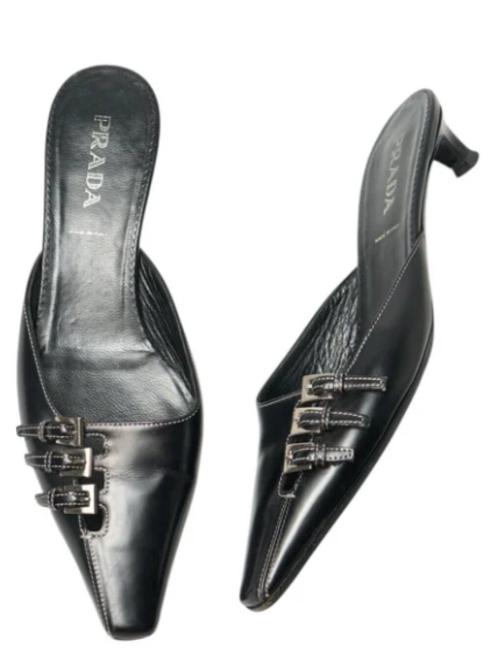 Prada Leather Mules Womens Size 9.5 Black Buckle Accents Kitten Heel Vintage Y2K